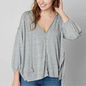 We the Free Linen Blend Boho Top Oversize XS Slouchy Keyhole V Neck Heather Knit